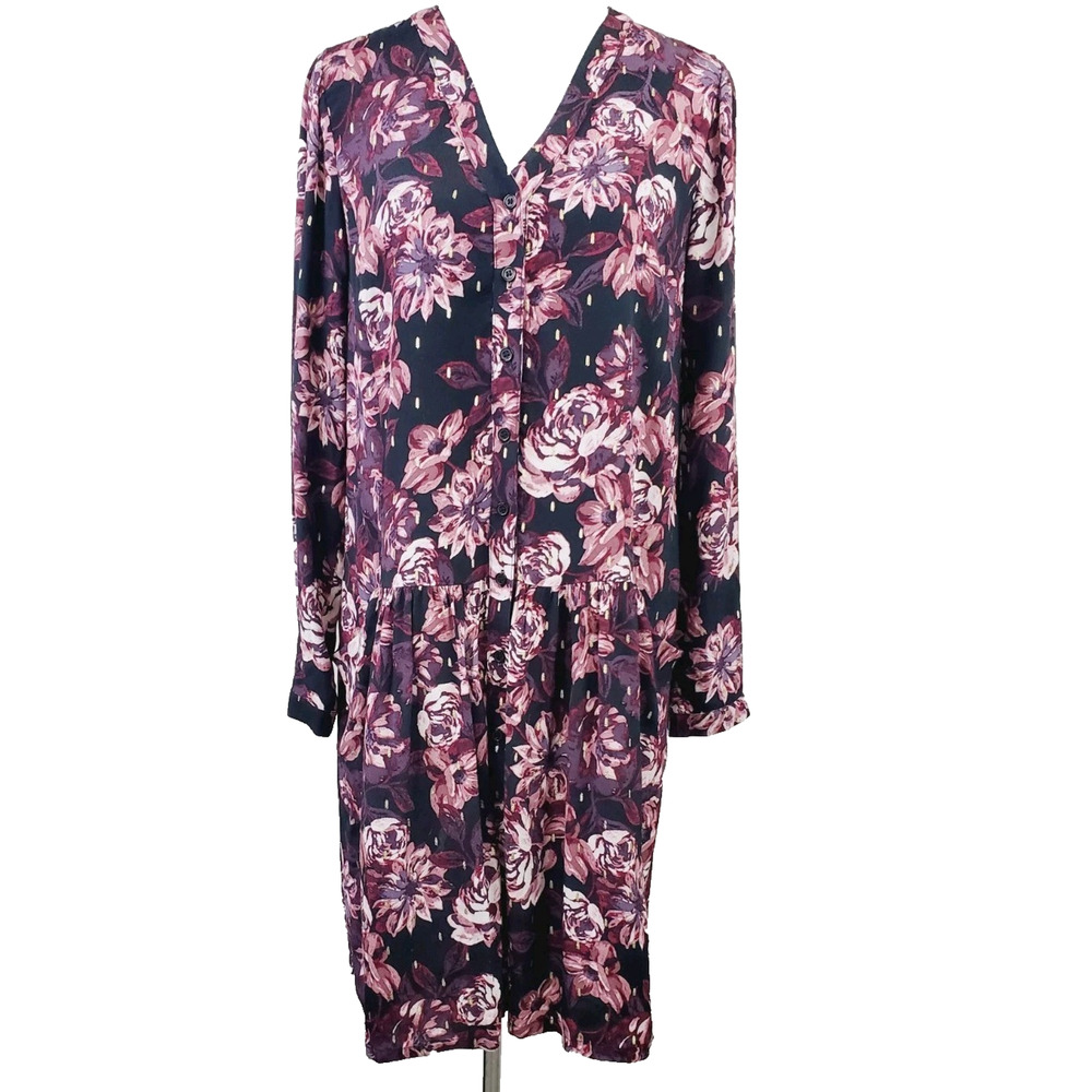 Garnet Hill Womens 6 Dress Drop Waist Black Floral Pockets Small Long Sleeve
